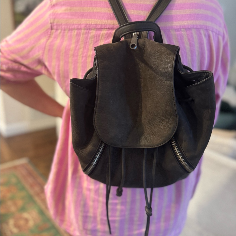Rebecca Minkoff Black Minimalist Canvas Backpack with Drawstring Closure